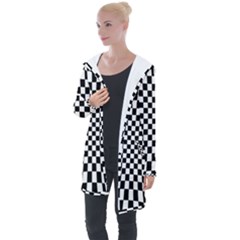 Illusion Checkerboard Black And White Pattern Longline Hooded Cardigan by Zezheshop