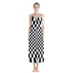 Illusion Checkerboard Black And White Pattern Button Up Chiffon Maxi Dress