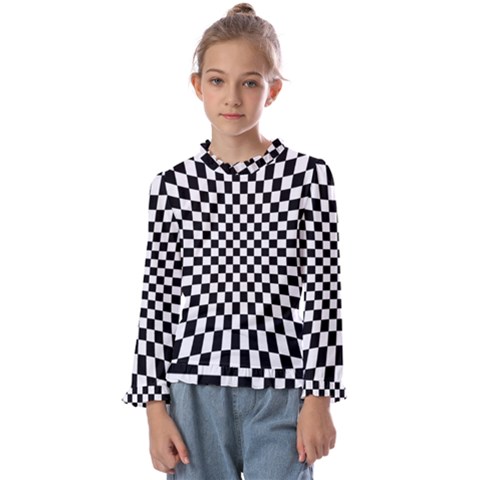 Illusion Checkerboard Black And White Pattern Kids  Frill Detail Tee by Zezheshop