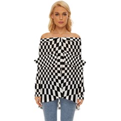 Illusion Checkerboard Black And White Pattern Off Shoulder Chiffon Pocket Shirt by Zezheshop