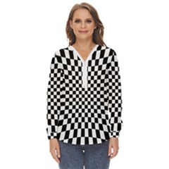 Illusion Checkerboard Black And White Pattern Zip Up Long Sleeve Blouse