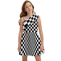 Illusion Checkerboard Black And White Pattern Kids  One Shoulder Party Dress by Zezheshop