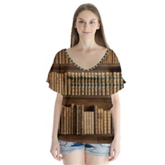 Books Bookcase Old Books Historical V-neck Flutter Sleeve Top by Amaryn4rt