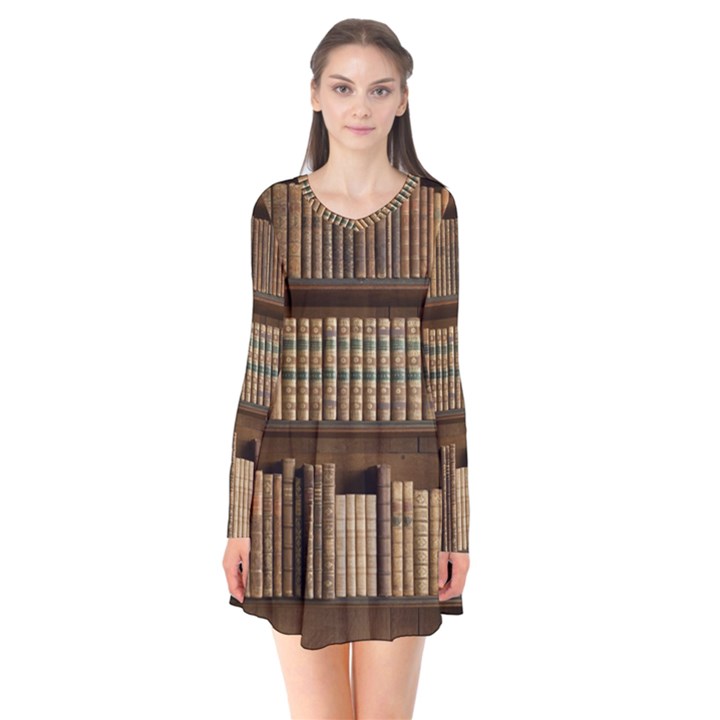 Books Bookcase Old Books Historical Long Sleeve V-neck Flare Dress