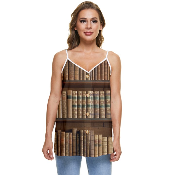 Books Bookcase Old Books Historical Casual Spaghetti Strap Chiffon Top