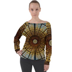 Barcelona Stained Glass Window Off Shoulder Long Sleeve Velour Top by Amaryn4rt