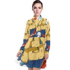 Wave Fish Koi Splash Character Long Sleeve Chiffon Shirt Dress