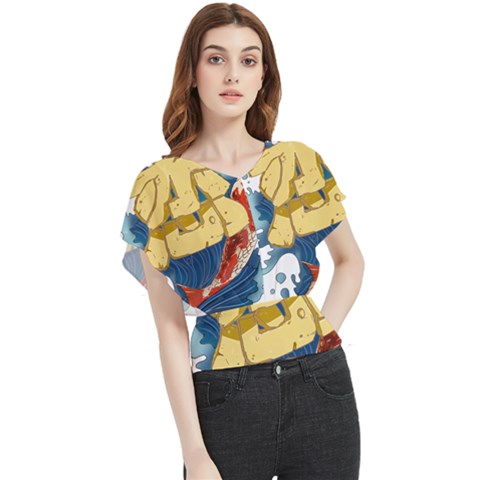 Wave Fish Koi Splash Character Butterfly Chiffon Blouse by Amaryn4rt