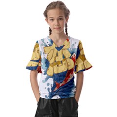 Wave Fish Koi Splash Character Kids  V-neck Horn Sleeve Blouse by Amaryn4rt