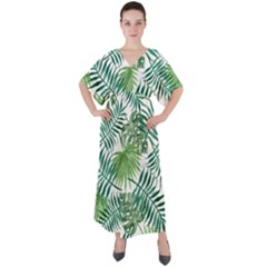 Leaves Background Wallpaper Pattern V-neck Boho Style Maxi Dress by Amaryn4rt