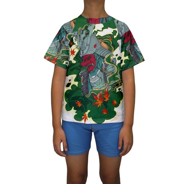 Armor Japan Maple Leaves Samurai Kids  Short Sleeve Swimwear