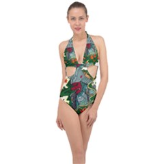 Armor Japan Maple Leaves Samurai Halter Front Plunge Swimsuit by Amaryn4rt