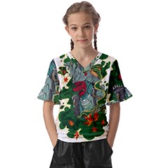 Armor Japan Maple Leaves Samurai Kids  V-neck Horn Sleeve Blouse by Amaryn4rt