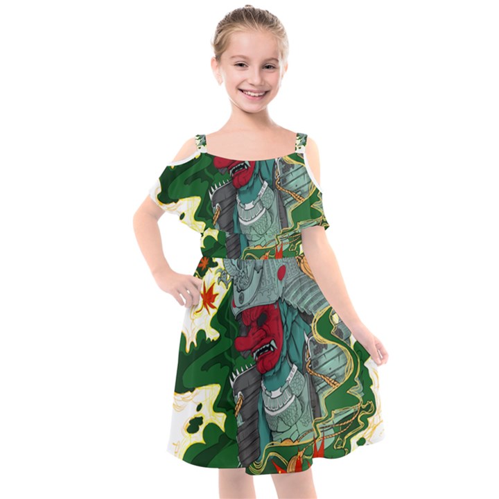 Armor Japan Maple Leaves Samurai Kids  Cut Out Shoulders Chiffon Dress