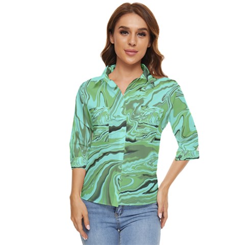 Waves Marbled Abstract Background Women s Quarter Sleeve Pocket Shirt by Amaryn4rt