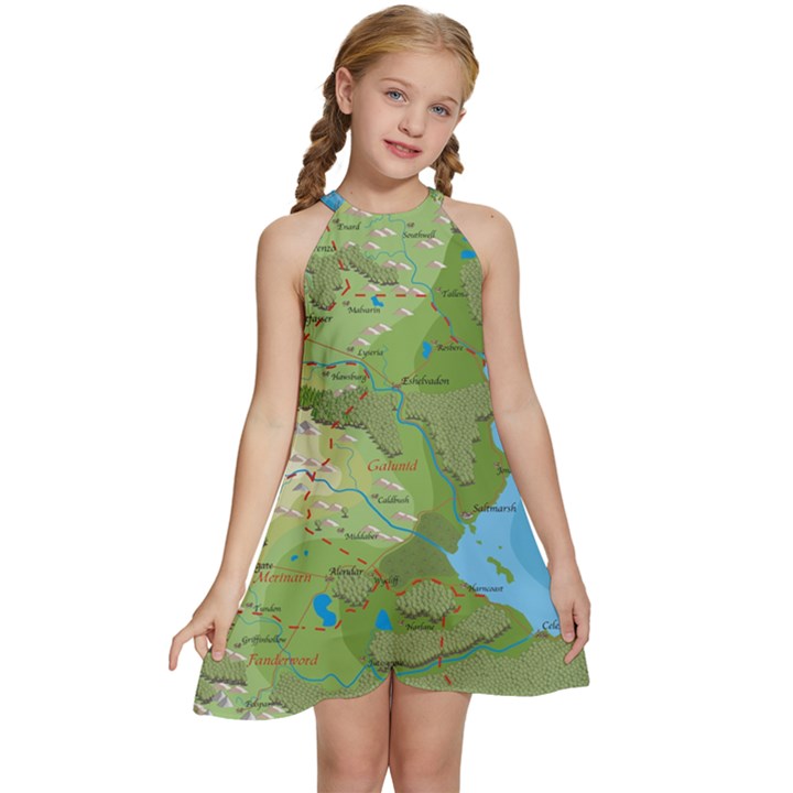 Grand Duchy Of Valderin Fantasy Map Kids  Halter Collar Waist Tie Chiffon Dress