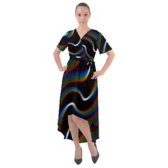 Rainbow Waves Art Iridescent Front Wrap High Low Dress by Amaryn4rt