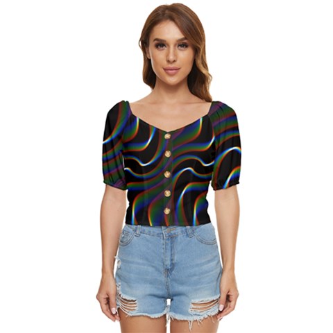 Rainbow Waves Art Iridescent Button Up Blouse by Amaryn4rt