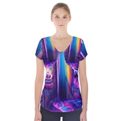 Purple Drawing Digital Art Short Sleeve Front Detail Top by Amaryn4rt