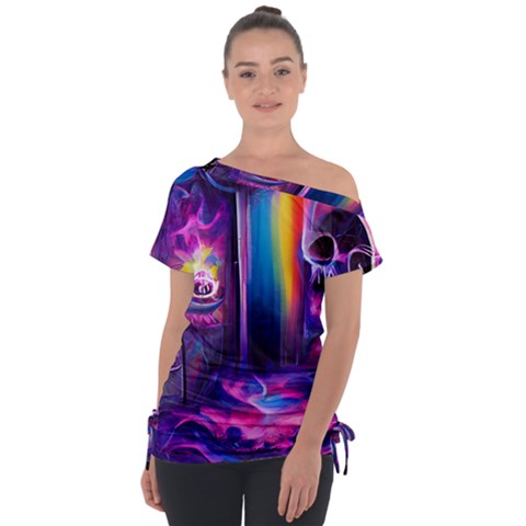 Purple Drawing Digital Art Off Shoulder Tie-up Tee by Amaryn4rt