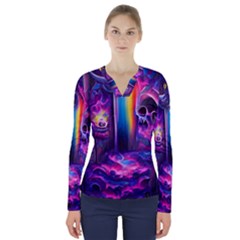 Purple Drawing Digital Art V-neck Long Sleeve Top by Amaryn4rt