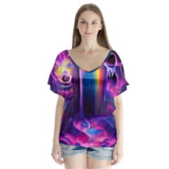 Purple Drawing Digital Art V-neck Flutter Sleeve Top by Amaryn4rt