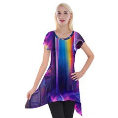 Purple Drawing Digital Art Short Sleeve Side Drop Tunic by Amaryn4rt