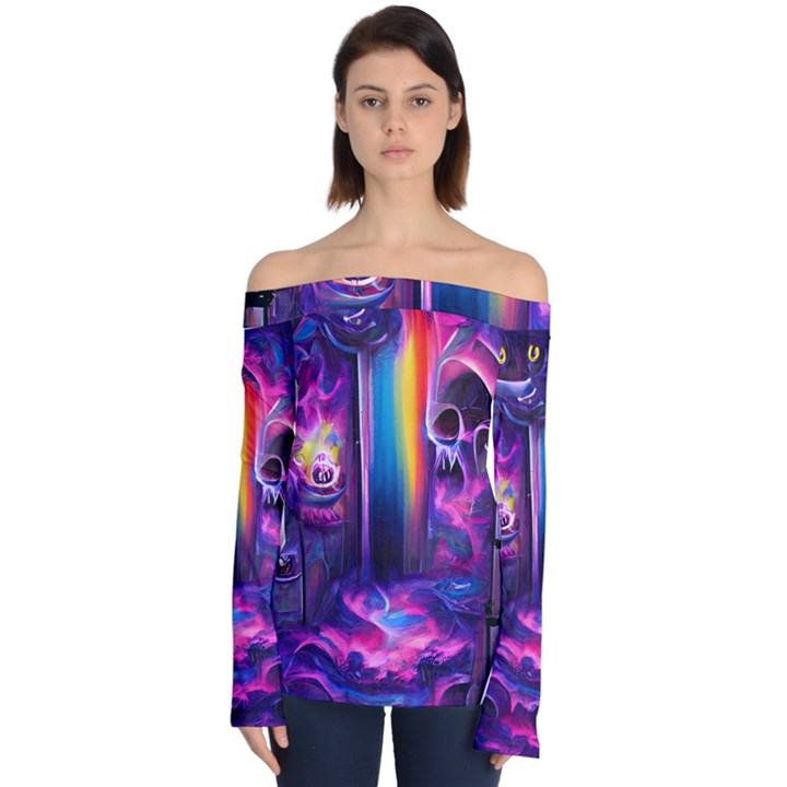 Purple Drawing Digital Art Off Shoulder Long Sleeve Top