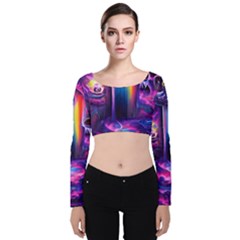 Purple Drawing Digital Art Velvet Long Sleeve Crop Top by Amaryn4rt