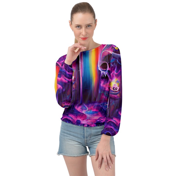 Purple Drawing Digital Art Banded Bottom Chiffon Top