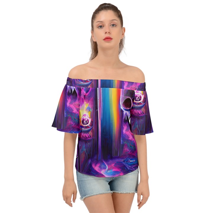 Purple Drawing Digital Art Off Shoulder Short Sleeve Top