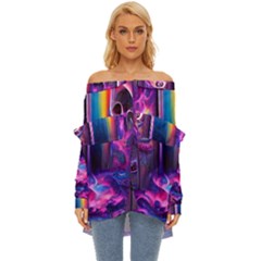 Purple Drawing Digital Art Off Shoulder Chiffon Pocket Shirt by Amaryn4rt