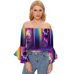 Purple Drawing Digital Art Off Shoulder Flutter Bell Sleeve Top by Amaryn4rt