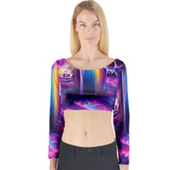 Purple Drawing Digital Art Long Sleeve Crop Top by Amaryn4rt