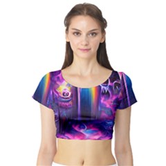 Purple Drawing Digital Art Short Sleeve Crop Top by Amaryn4rt