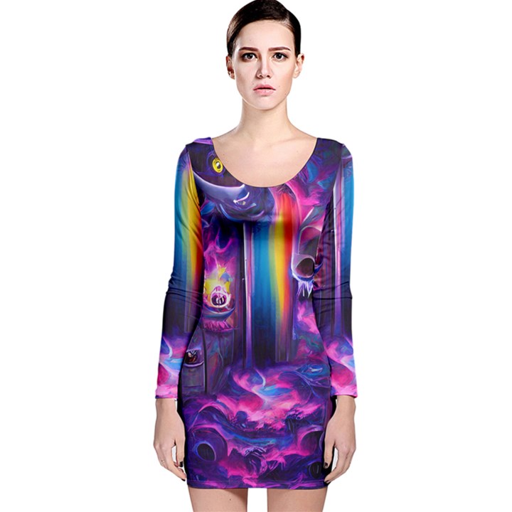 Purple Drawing Digital Art Long Sleeve Velvet Bodycon Dress