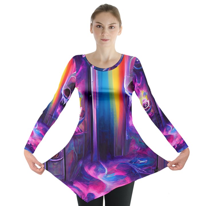 Purple Drawing Digital Art Long Sleeve Tunic 