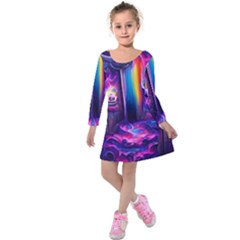 Purple Drawing Digital Art Kids  Long Sleeve Velvet Dress by Amaryn4rt