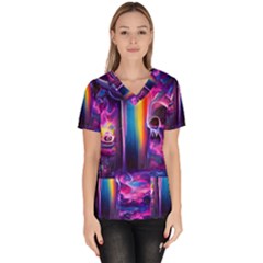 Purple Drawing Digital Art Women s V-neck Scrub Top by Amaryn4rt