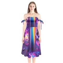 Purple Drawing Digital Art Shoulder Tie Bardot Midi Dress by Amaryn4rt