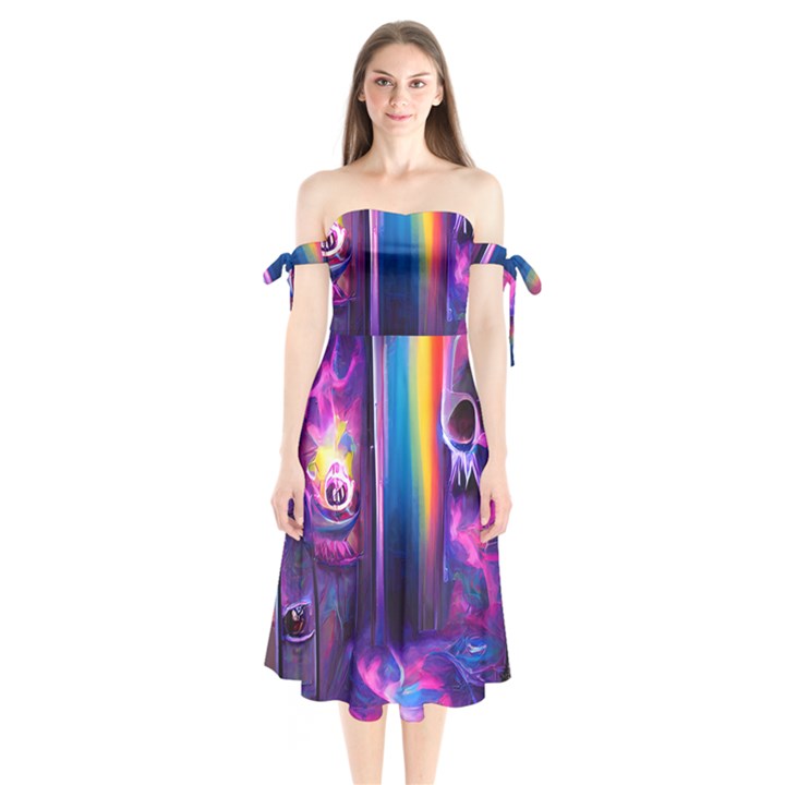 Purple Drawing Digital Art Shoulder Tie Bardot Midi Dress