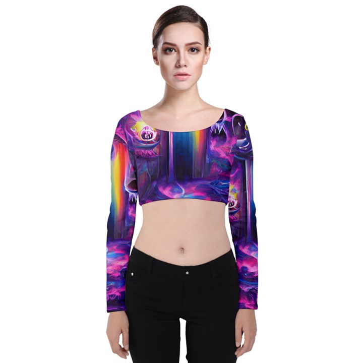 Purple Drawing Digital Art Velvet Long Sleeve Crop Top