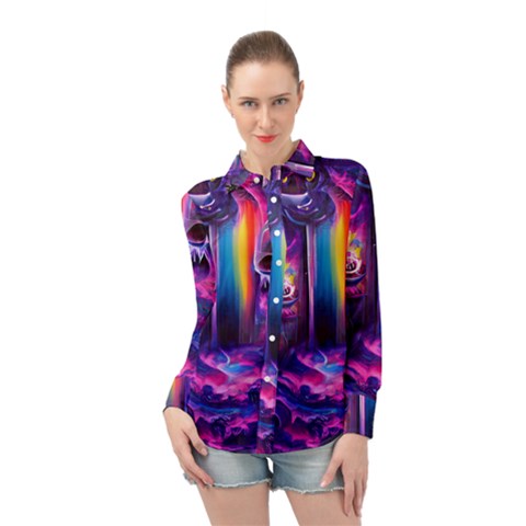 Purple Drawing Digital Art Long Sleeve Chiffon Shirt by Amaryn4rt