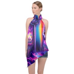 Purple Drawing Digital Art Halter Asymmetric Satin Top by Amaryn4rt