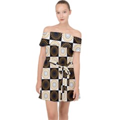 Illustration Checkered Pattern Decoration Off Shoulder Chiffon Dress by Amaryn4rt