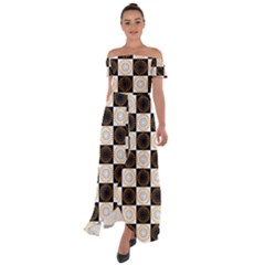 Illustration Checkered Pattern Decoration Off Shoulder Open Front Chiffon Dress by Amaryn4rt