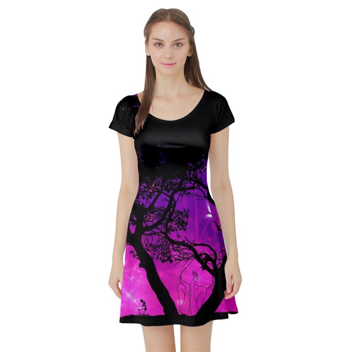 Tree Men Space Universe Surreal Short Sleeve Skater Dress