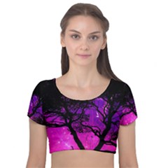 Tree Men Space Universe Surreal Velvet Short Sleeve Crop Top 