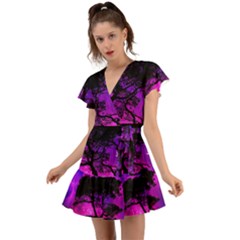 Tree Men Space Universe Surreal Flutter Sleeve Wrap Dress by Amaryn4rt