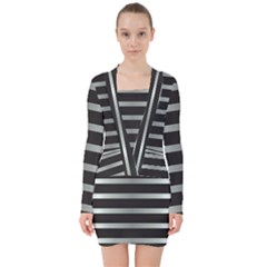 Black Silver Background Pattern Stripes V-neck Bodycon Long Sleeve Dress by Amaryn4rt